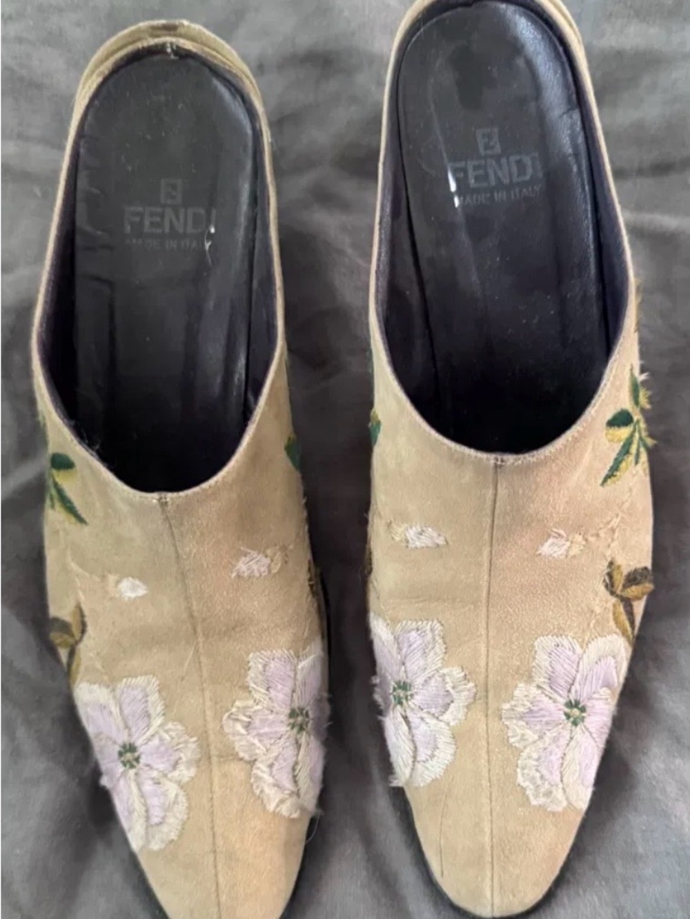 Fendi Women's Tan Suede Floral Slip-On Mules Made in Italy